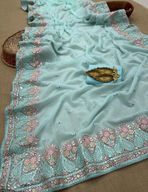 Sea green  color georgette silk saree with embroidery work
