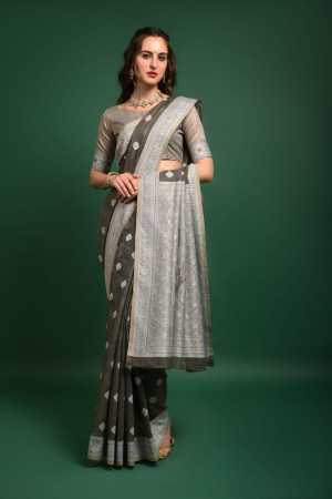 Gray color lucknowi chikankari saree with zari weaving work