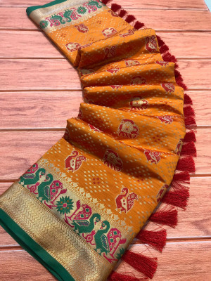 Mustard yellow color patola silk saree with weaving work