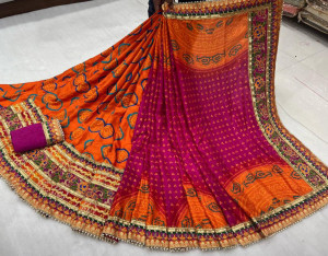 Orange and rani pink color dola silk saree with gota patti work