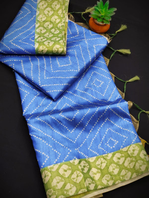 Blue color tussar silk saree with printed work