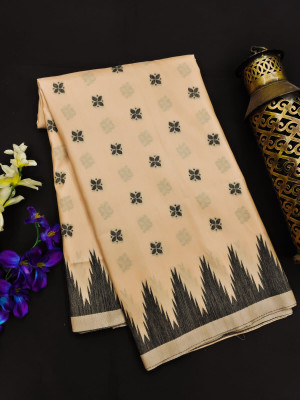 Cream color raw silk saree with temple woven border