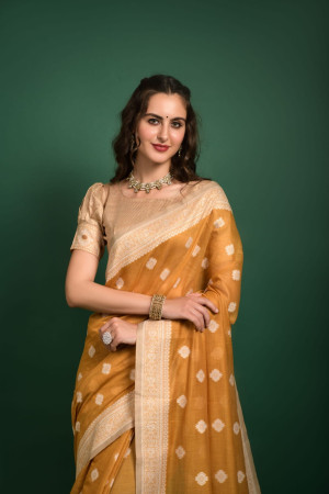 Mustard yellow color lucknowi chikankari saree with zari weaving work
