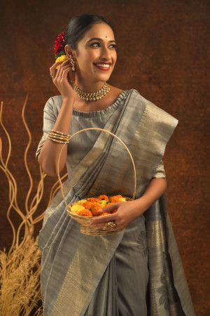 Gray  color mulberry silk saree with zari woven work
