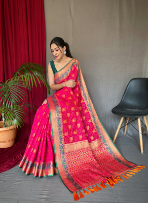 Rani pink color patola silk saree with weaving work