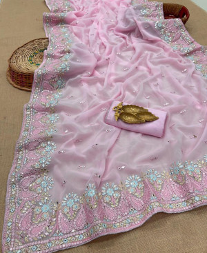 Baby pink color georgette silk saree with embroidery work