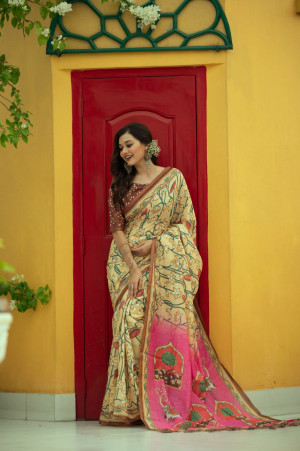 Yellow color linen cotton saree with printed work