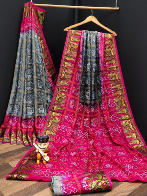 Gray and pink color bandhani silk saree with khadi printed work