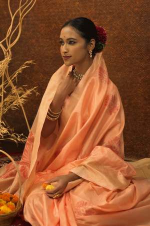 Peach color mulberry silk saree with zari woven work