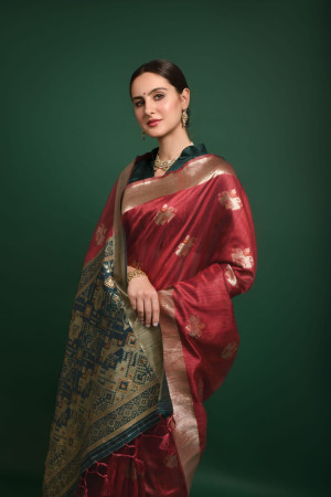 Red color tussar silk saree with woven design