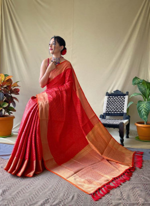 Red color patola silk saree with zari woven work