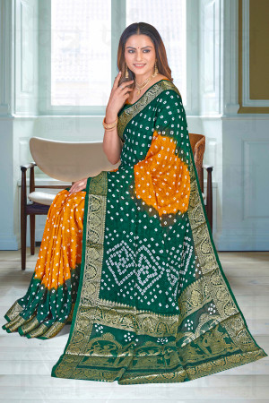 Green and yellow color bandhej silk saree with zari weaving work