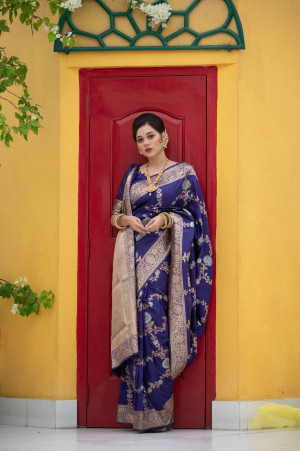 Royal blue color soft banarasi silk saree with zari woven work