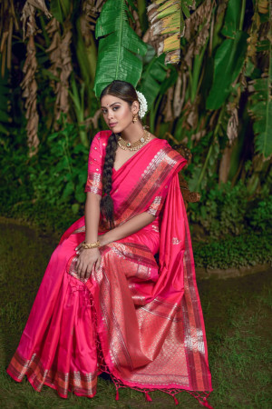 Rani pink color soft Tusser silk saree with zari weaving border