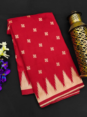 Red color raw silk saree with temple woven border