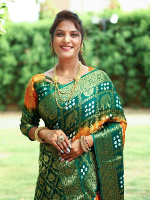 Yellow and green color bandhej silk saree with zari weaving work