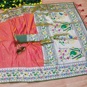 Peach color Paithani silk saree with zari weaving work