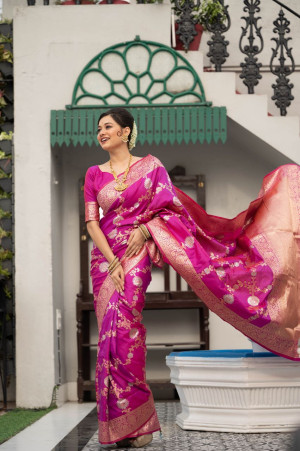 Magenta color soft banarasi silk saree with zari woven work