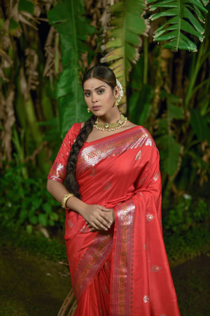 Red color soft tusser silk saree with zari weaving border