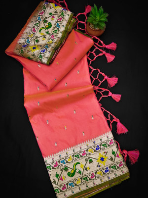 Peach color Paithani silk saree with zari weaving work