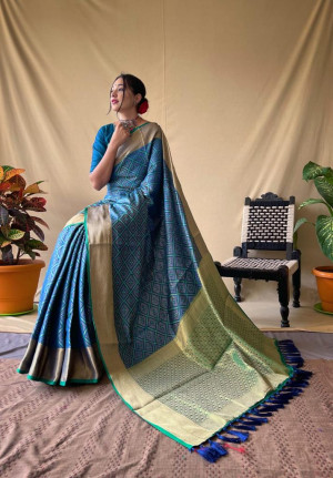 Navy blue color patola silk saree with zari woven work