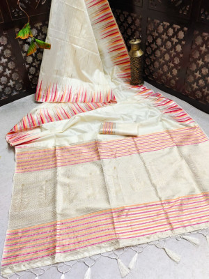 Off white color tussar silk weaving saree with ikat woven border