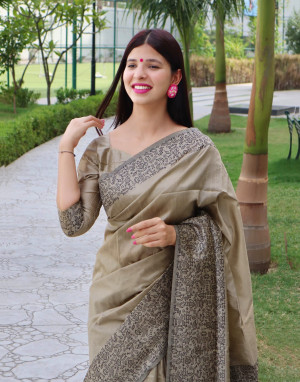 Cream color raw silk saree with woven design