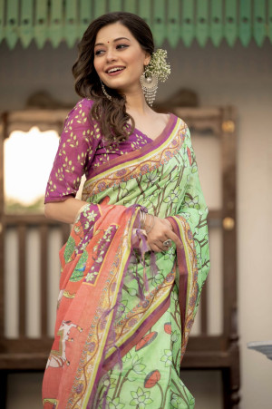 Pista green color linen cotton saree with printed work