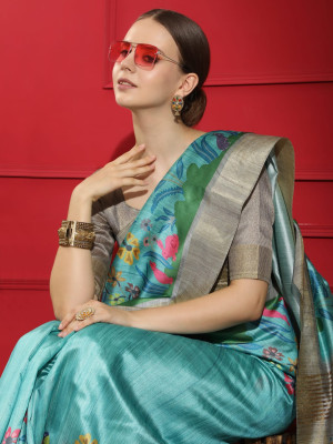 Sea green color linen silk saree with digital printed work