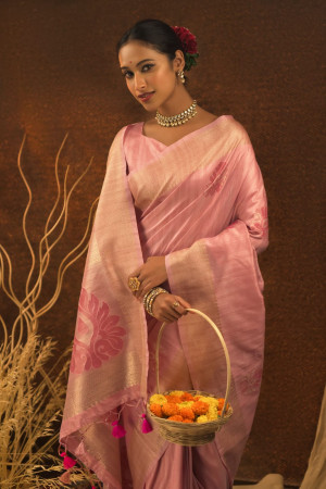 Baby pink color mulberry silk saree with zari woven work