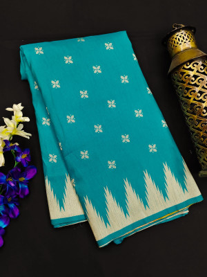 Sky blue color raw silk saree with temple woven border
