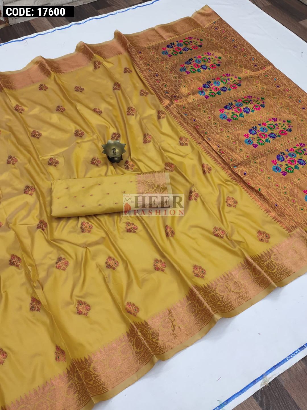 Yellow Soft Paithani Silk Saree with Zari Motifs, Meenakari Rich Pallu & Contrast Blouse