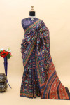 Navy blue color soft cotton silk saree with digital patola design