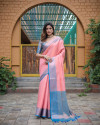 Peach and firoji color kanchipuram silk saree with zari weaving work