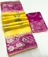 Yellow color soft muslin silk saree with zari weaving work