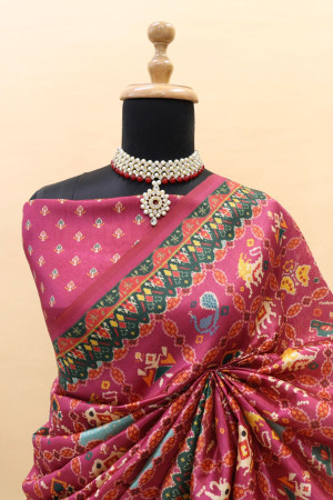 Rani pink color soft cotton silk saree with digital patola design