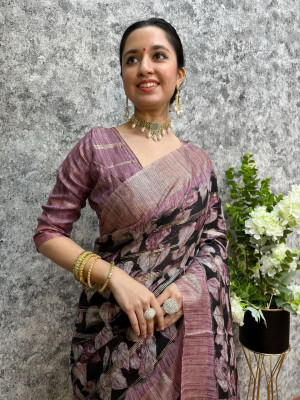 Black and magenta color soft cotton silk saree with digital printed work
