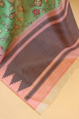Pista green color soft cotton saree with kalamkari printed work