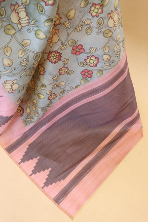 Light gray color soft cotton saree with kalamkari printed work