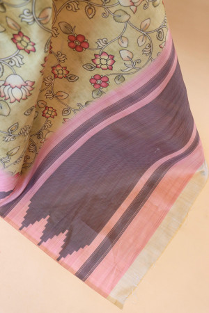 Light yellow color soft cotton saree with kalamkari printed work