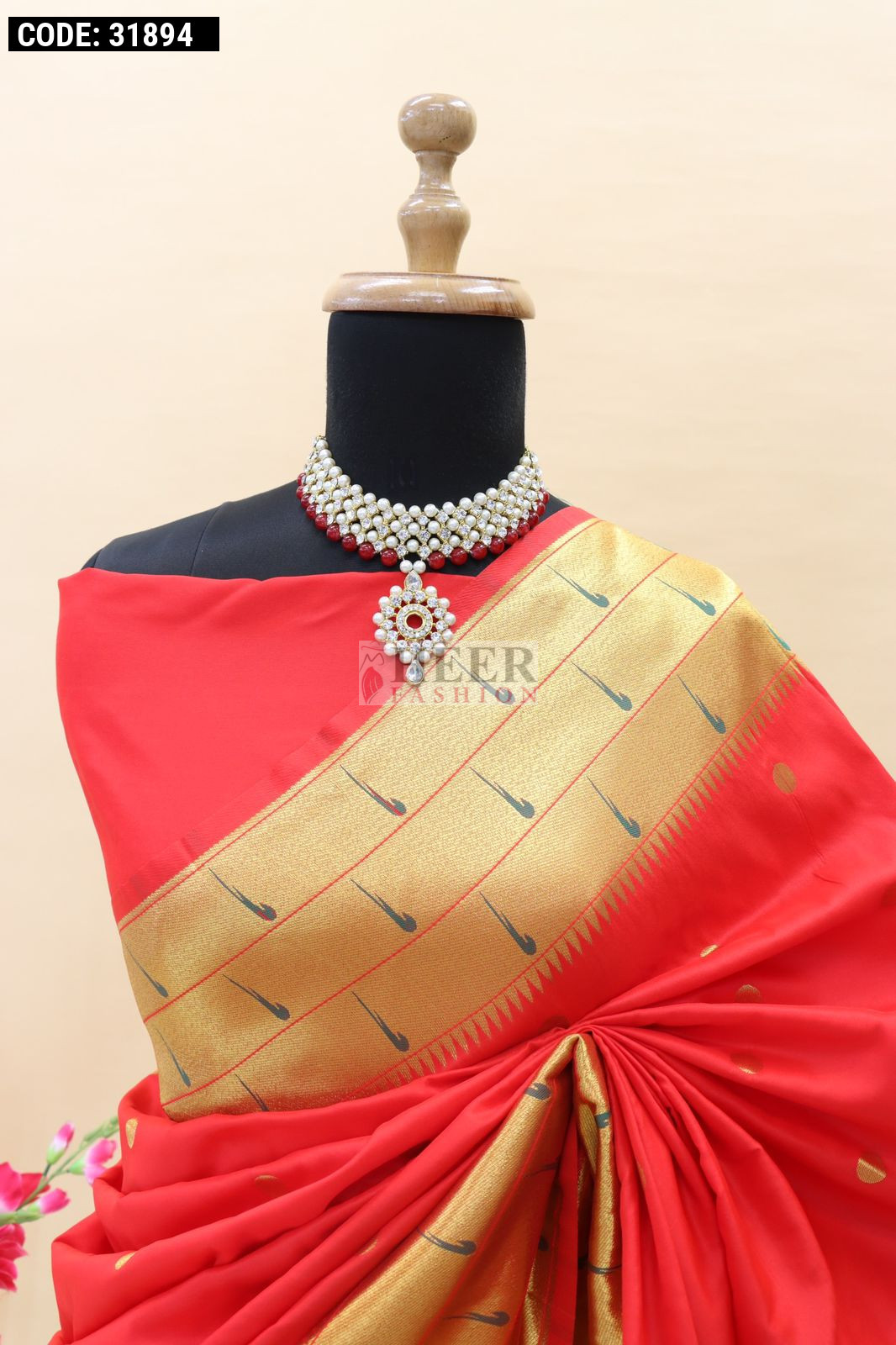 Red Zari Handwoven Paithani Silk Saree with Meenakari Peacock Motifs