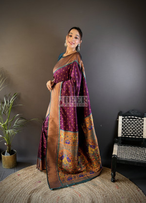 Magenta paithani silk saree with copper zari weaving work