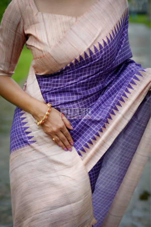 Purple tussar silk saree with checks weaving work