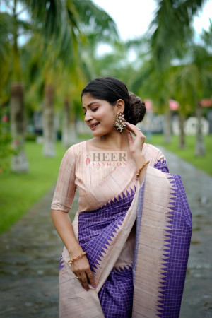 Purple tussar silk saree with checks weaving work