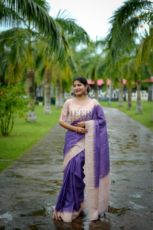 Purple tussar silk saree with checks weaving work