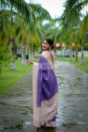 Purple tussar silk saree with checks weaving work