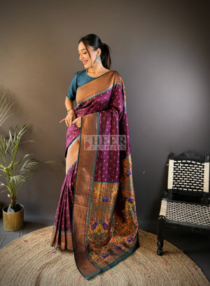 Magenta paithani silk saree with copper zari weaving work