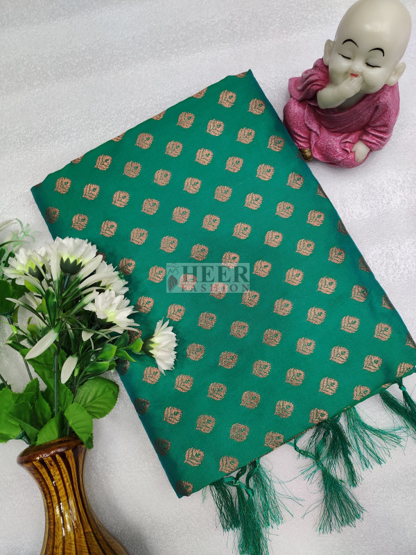 Green Soft Banarasi Silk Saree Featuring Meenakari Zari Weaving & Tassels on Pallu