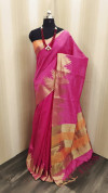 Rani pink raw silk saree with golden zari weaving temple border