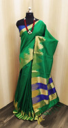 Green color raw silk saree with golden zari weaving temple border